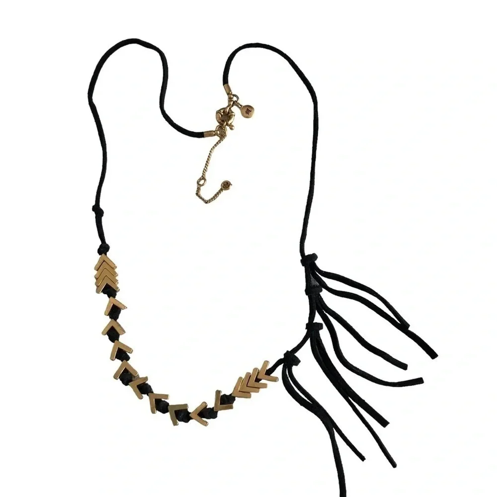 Madewell Black Suede Arrow Chevron Necklace Gold Fringe Boho Tassels - Picture 1 of 4